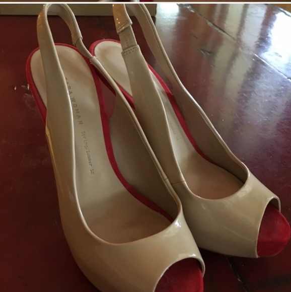 Zara Cream and Coral/Red Patent Slingback Heels 8 - Picture 2 of 7
